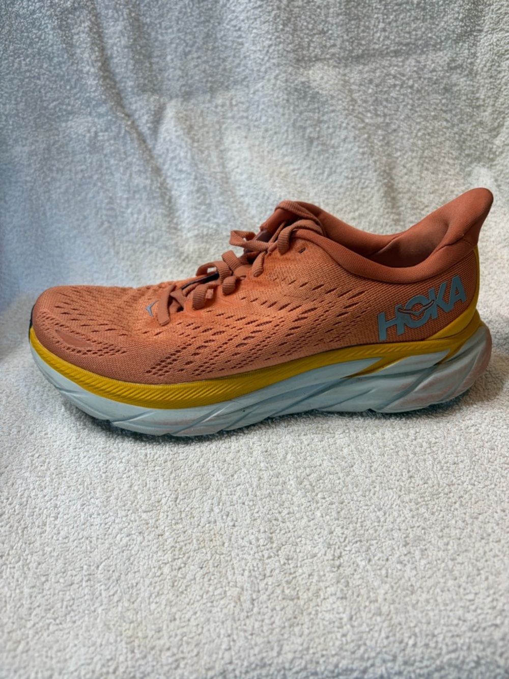 Hoka Clifton 8 - size 5.5 B Women's Running Shoe - Coral with Yellow Trim